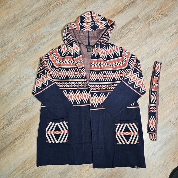 Western Aztec Luxurious Feeling Stretchy Knit Hoodie Cardigan with Belt PTP 24 - Picture 4 of 9